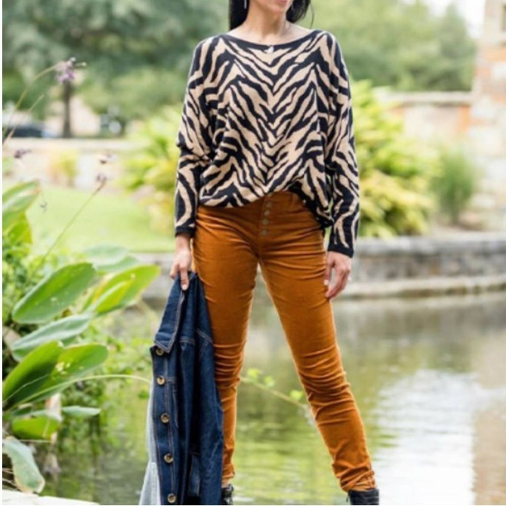 CAbi # 3884 Dani Pullover Sweater Tan Black Zebra Dazzle Stripe Medium Mob Wife